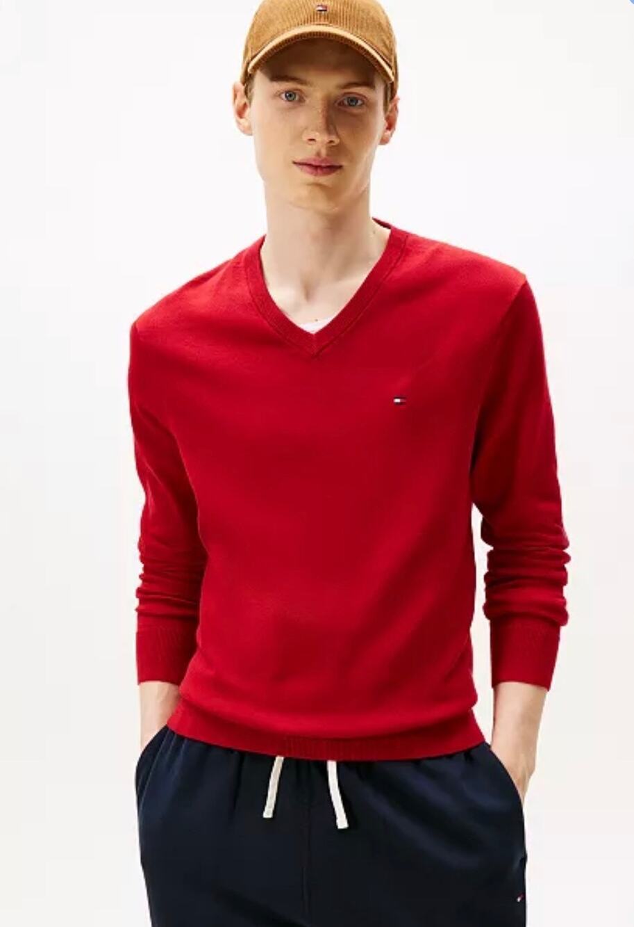 Tommy Hilfiger Men’s Red V Neck Long Sleeve Cotton Large Sweater